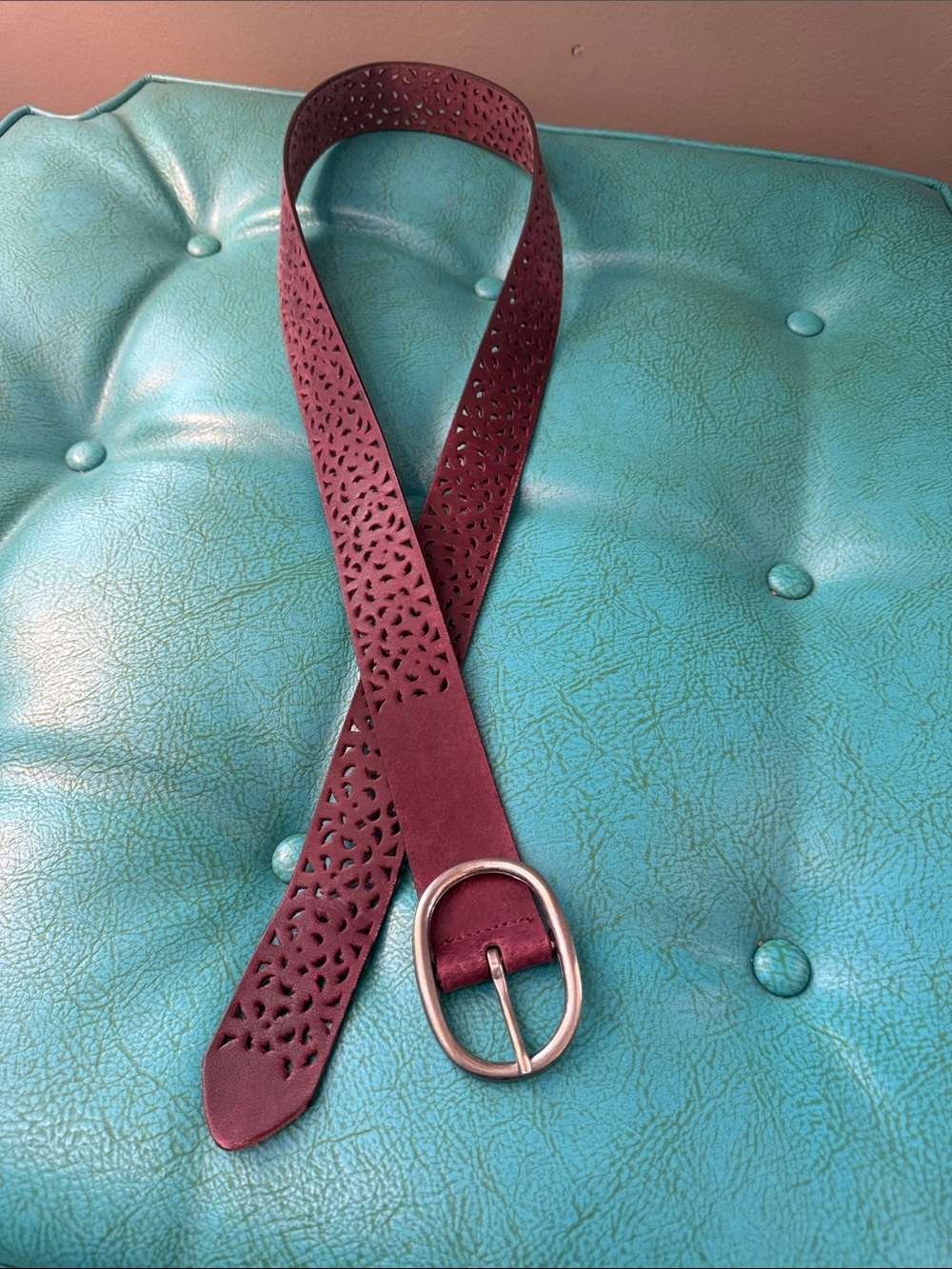 Burgundy deep red maroon leather perforated belt XL boho western